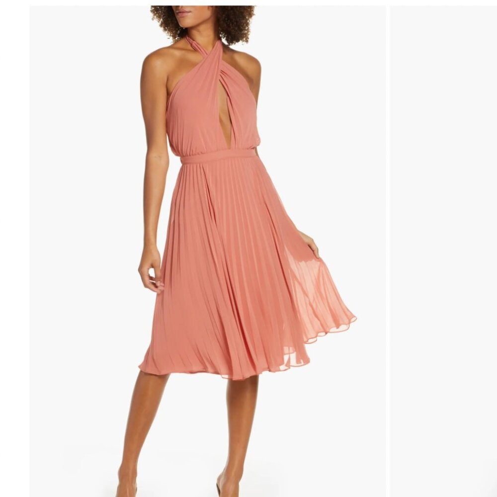 Ali & Jay | Terra Cotta Pleated Chiffon Halter Midi Dress Size L NWT